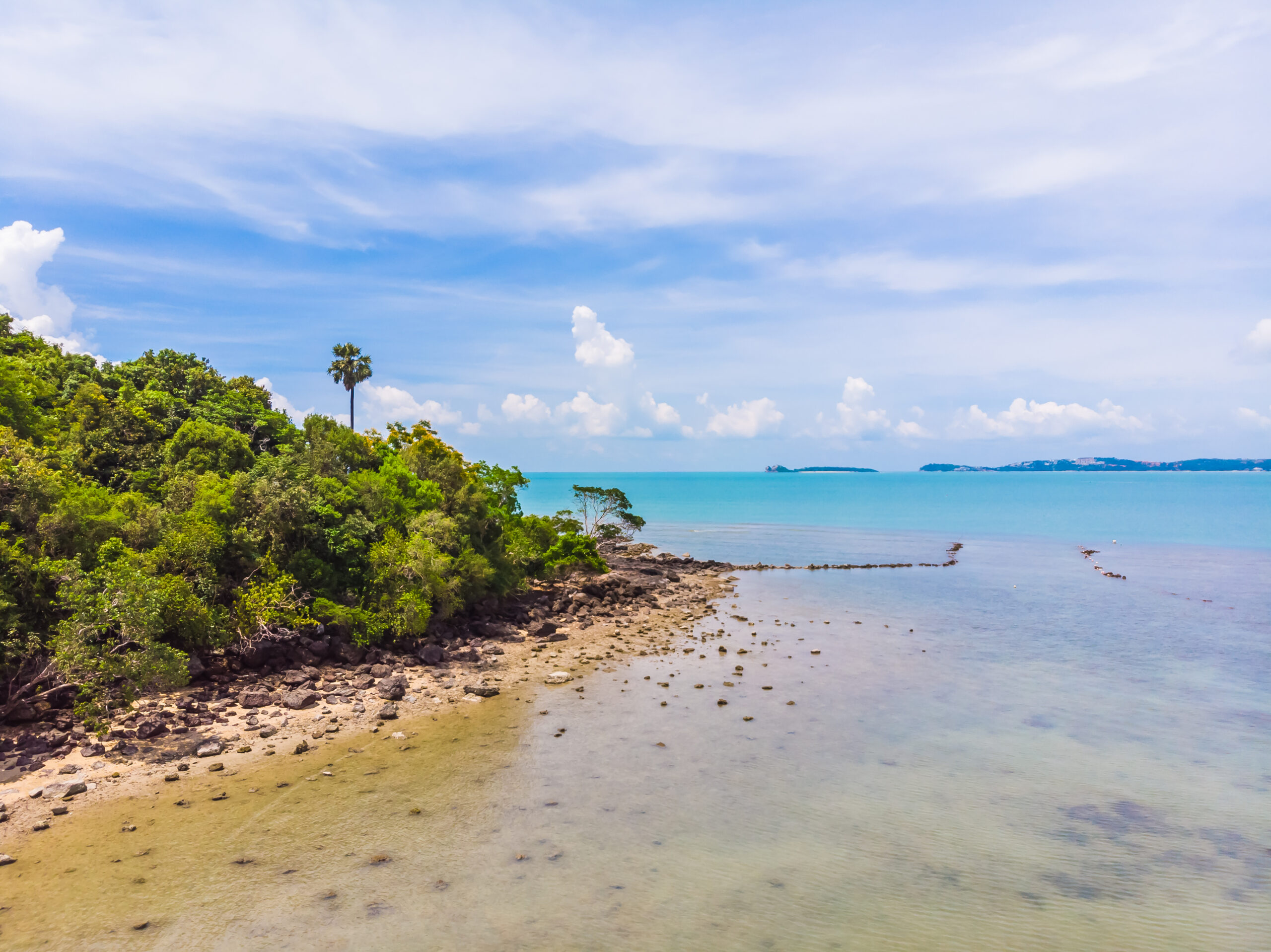 Aerial view of beautiful tropical beach and sea with palm and ot